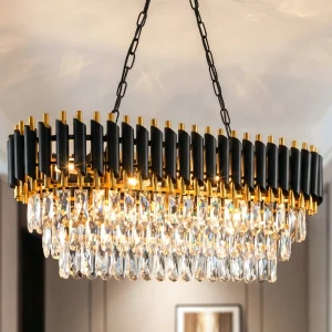 Black And Gold Crystal Chandelier, 3-Tier K9 Oval