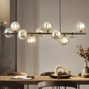 10-Light Matte Black Adjustable Chandelier with Smoked Glass Globe Shades